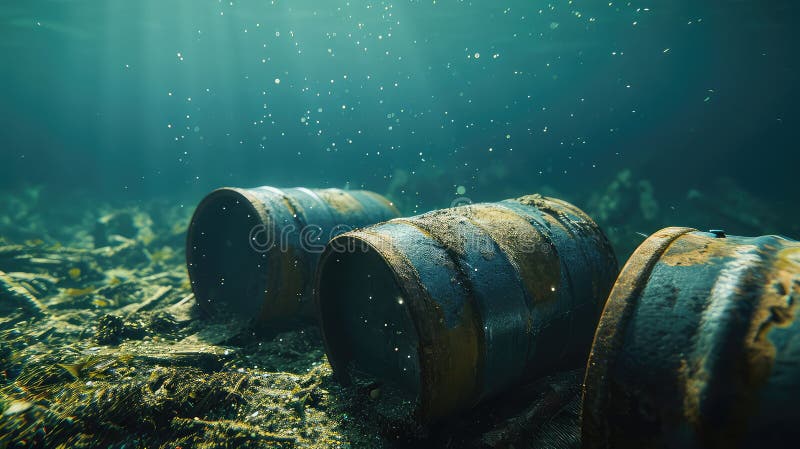 Rusty barrels of toxic chemicals on the ocean floor. Haunting relics of mankind&#x27;s disregard, toxic barrels mar the ocean&#x27;s beauty. Environmental pollution concept. AI generated. Rusty barrels of toxic chemicals on the ocean floor. Haunting relics of mankind&#x27;s disregard, toxic barrels mar the ocean&#x27;s beauty. Environmental pollution concept. AI generated