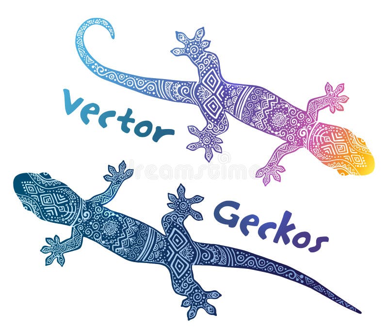 Les silhouettes de gecko de vecteur avec l'ethno tribal gribouillent l'ornement illustration de vecteur Les silhouettes de gecko de vecteur avec l'ethno tribal gribouillent l'ornement illustration de vecteur
