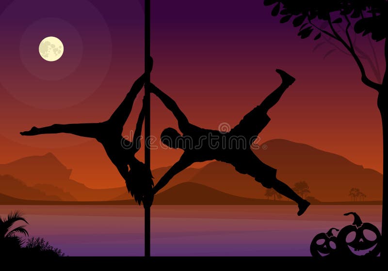 Les silhouettes de style de Halloween du duo de exécution de danseur masculin et féminin de poteau dupe devant la rivière et la p illustration libre de droits Les silhouettes de style de Halloween du duo de exécution de danseur masculin et féminin de poteau dupe devant la rivière et la p illustration libre de droits