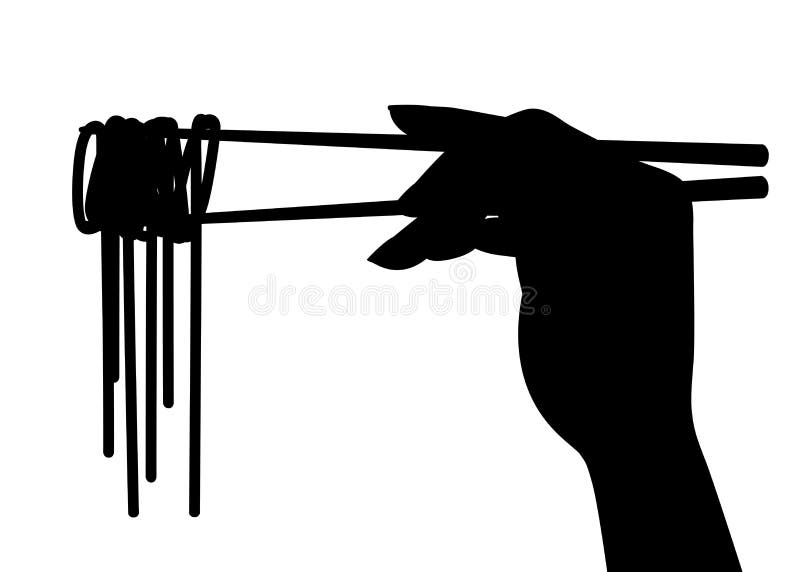 Les silhouettes noires remettent tenir des bâtons avec le logo de concept de nouilles pour le wok de nouilles de restaurant sur l illustration de vecteur Les silhouettes noires remettent tenir des bâtons avec le logo de concept de nouilles pour le wok de nouilles de restaurant sur l illustration de vecteur
