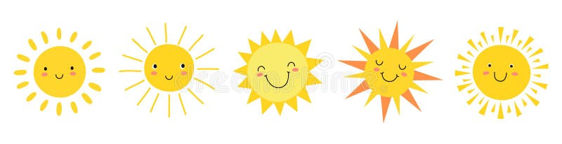 Les soleils mignons. Visages souriants mignons d'emoji de soleil. Émoticônes de la lumière du soleil d'été et temps ensoleillé du