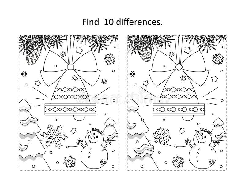 Find 10 differences visual puzzle and coloring page with winter holidays, New Year or Christmas bell ornament. Find 10 differences visual puzzle and coloring page with winter holidays, New Year or Christmas bell ornament