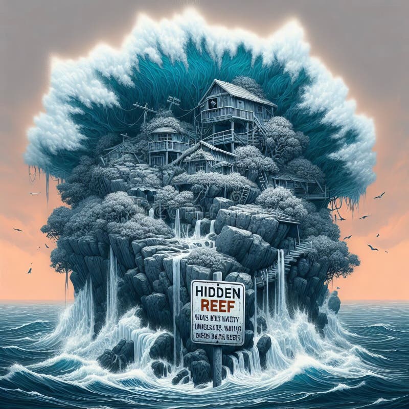 Les vagues de danger cachées de récif se brisent inopinément au-dessus d'un récif caché w illustration de vecteur