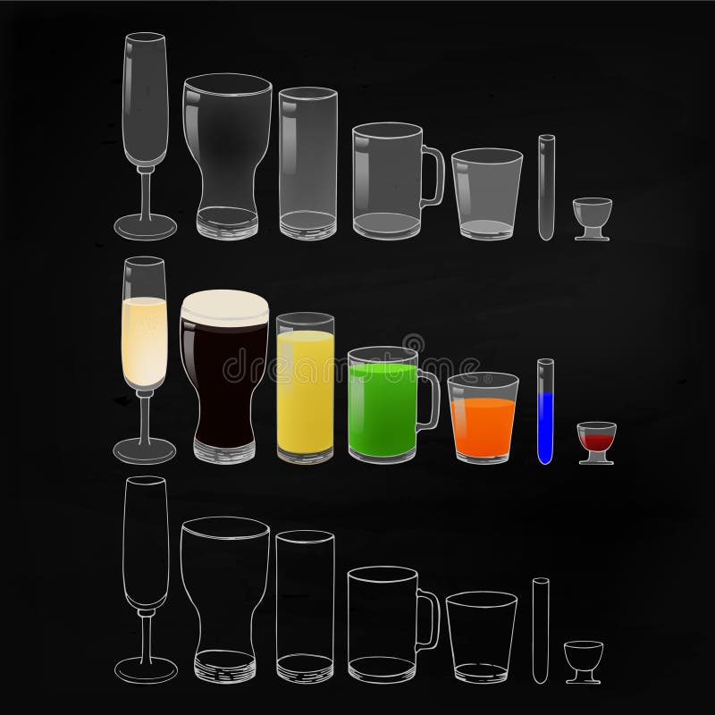 Les verres avec des boissons et vident sur le fond de tableau noir illustration stock Les verres avec des boissons et vident sur le fond de tableau noir illustration stock