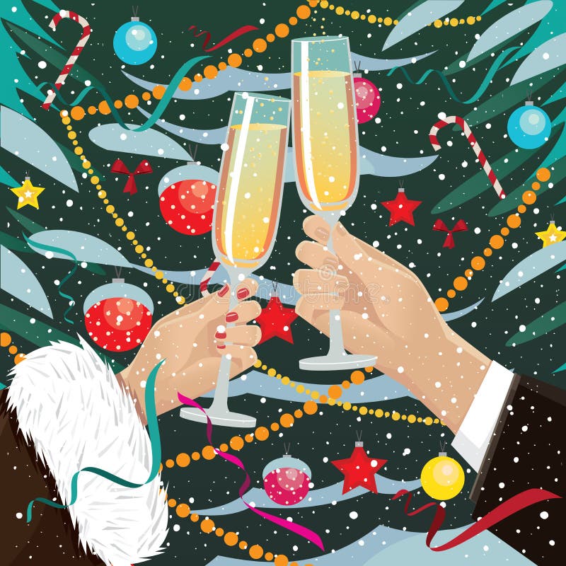Les verres de tintement de couples s'approchent de l'arbre de Noël dehors illustration libre de droits Les verres de tintement de couples s'approchent de l'arbre de Noël dehors illustration libre de droits