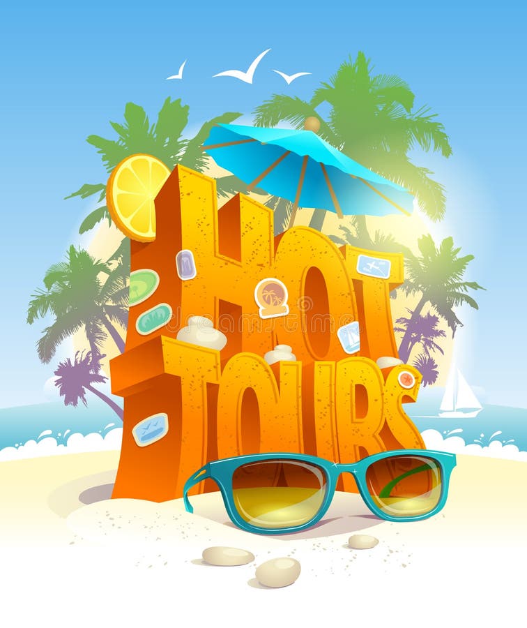 Les visites chaudes dirigent l'affiche, le texte 3d contre la plage tropicale et les paumes illustration de vecteur Les visites chaudes dirigent l'affiche, le texte 3d contre la plage tropicale et les paumes illustration de vecteur