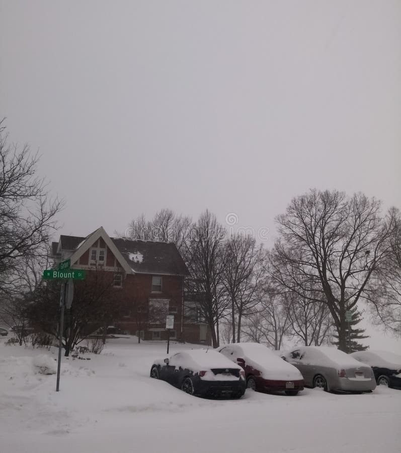 Les voitures ont garé dans une rue couverte dans la neige Chambre et arbres nus Temps d'hiver photographie stock libre de droits Les voitures ont garé dans une rue couverte dans la neige Chambre et arbres nus Temps d'hiver photographie stock libre de droits