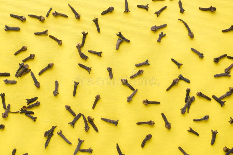 Les épices ont séché des clous de girofle sur un fond jaune Modèle plat abstrait, vue supérieure images stock Les épices ont séché des clous de girofle sur un fond jaune Modèle plat abstrait, vue supérieure images stock