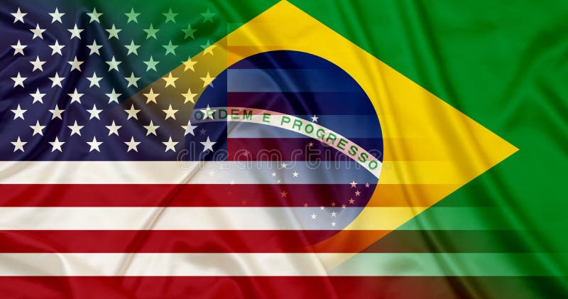 United States of America and Brazil Country flags blended together over silk texture. United States of America and Brazil Country flags blended together over silk texture