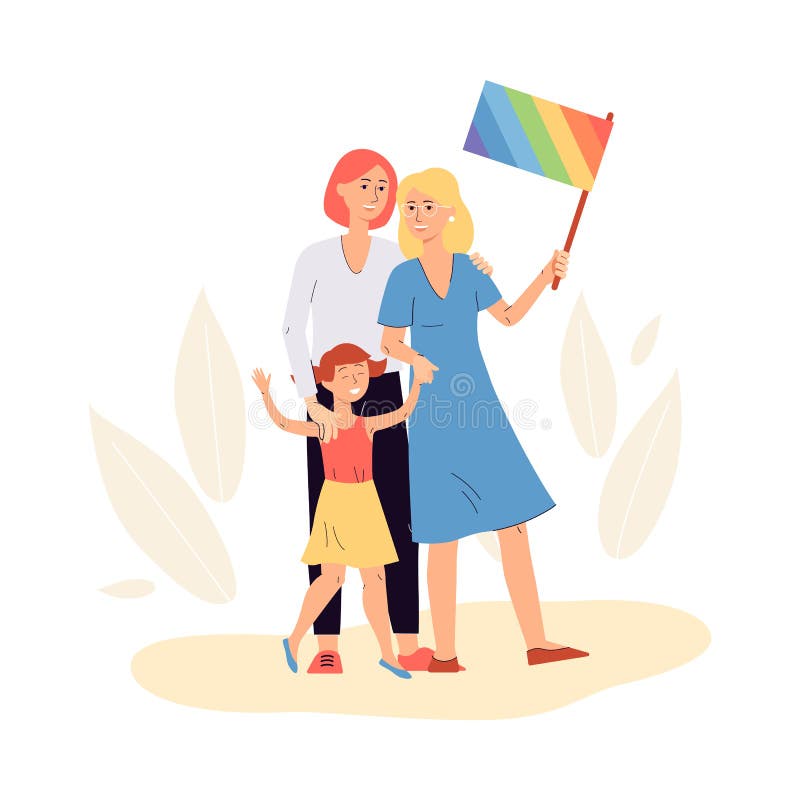 Lesbian Couple with Child Girl, Flat Cartoon Vector Illustration Isolated.  Stock Vector - Illustration of people, relationship: 209226082