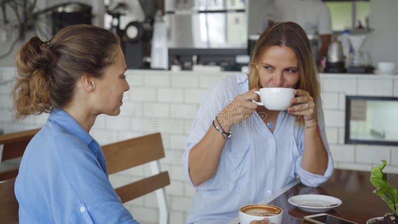 Lesbian Couple Having Date In Cafe Beautiful Girls Talking While Drinking Coffee Stock Footage