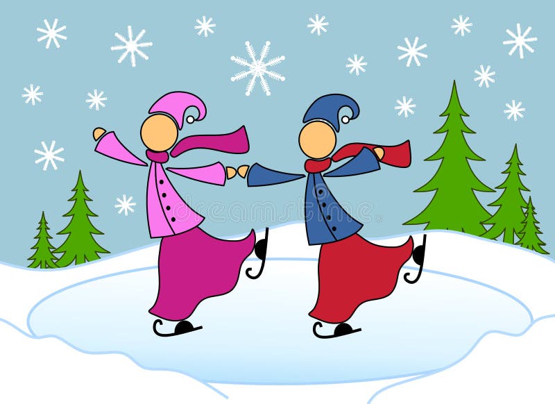 Lesbian Couple Skating Christmas Card vector illustration