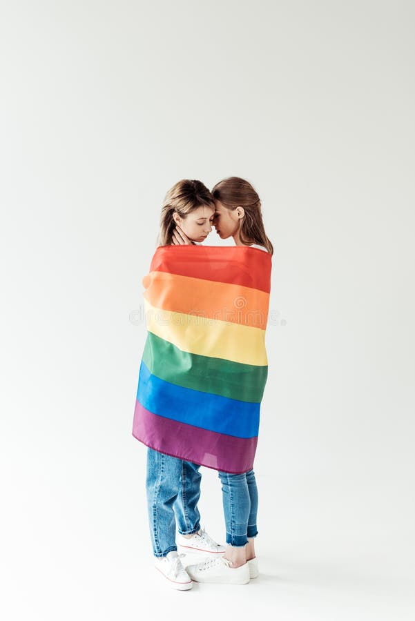 Lesbian Couple Wrapped In Rainbow Flag Stock Image Image Of Standing