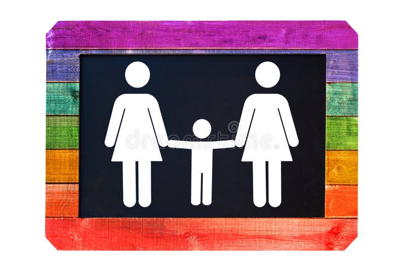 Lesbian family with child white sign on a blackboard, rainbow gay flag colors royalty free stock photos Lesbian family with child white sign on a blackboard, rainbow gay flag colors royalty free stock photos