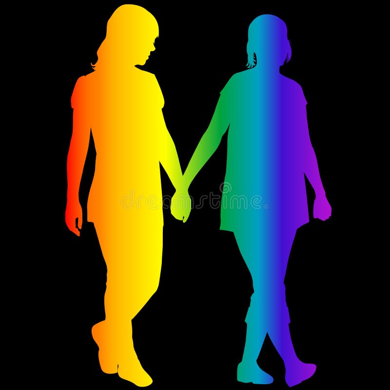Lesbian women silhouettes in rainbow colors