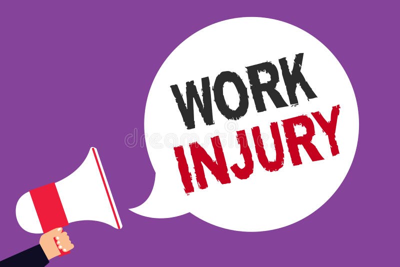 Handwriting text writing Work Injury. Concept meaning Accident in job Danger Unsecure conditions Hurt Trauma Man holding megaphone loudspeaker speech bubble screaming purple background. Handwriting text writing Work Injury. Concept meaning Accident in job Danger Unsecure conditions Hurt Trauma Man holding megaphone loudspeaker speech bubble screaming purple background