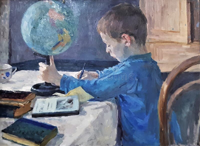 Lesson. Portrait of the son. Painting by Soviet artist Arkady Plastov 1939-1940