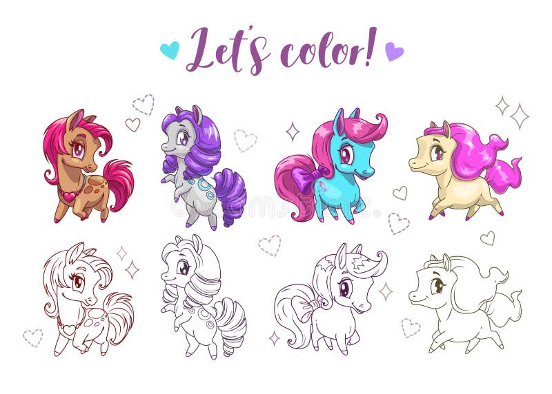 Let s color pony. Funny cute cartoon little chibi horses, colorful and contour pictures.