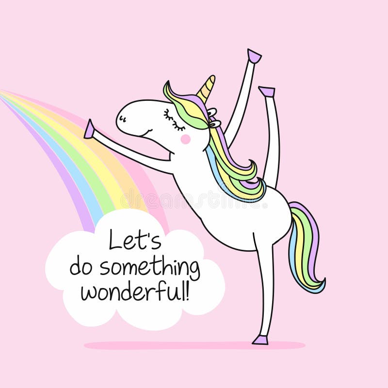 Let`s do something wonderful - funny vector quotes and unicorn drawing. Lettering poster or t-shirt textile graphic design. / Cute unicorn character illustration on isolated blue background.