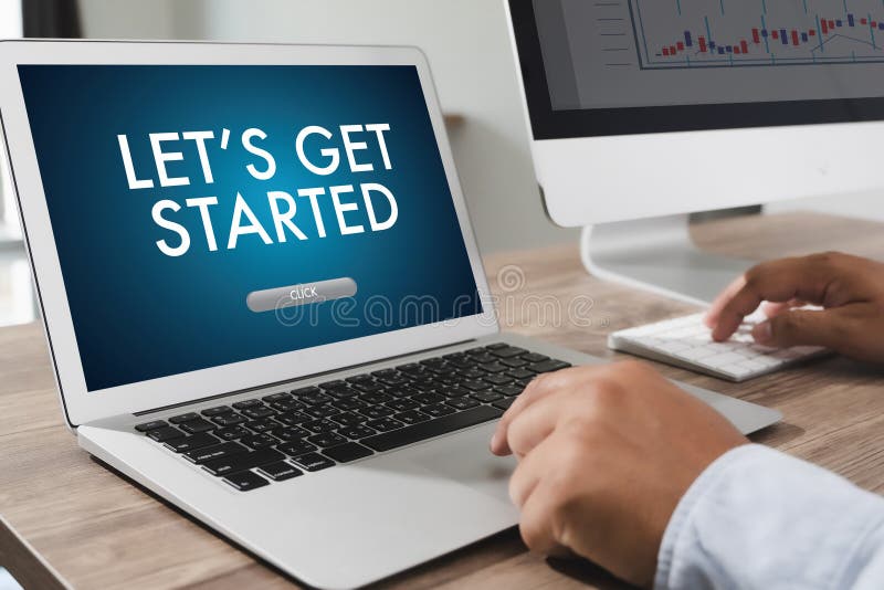 LET`S GET STARTED Thoughtful male person looking to the digital tablet screen, laptop screen