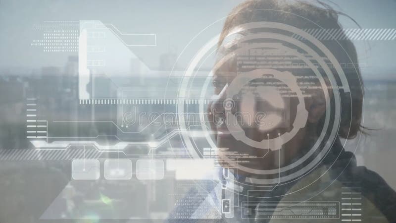 Leta upp en fönsterperson som interagerar med futuristisk digital gränssnittsanimering arkivfilmer