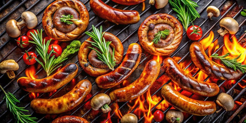 Letnia piknik delight sizzling grillowana kiełbasa i grzyby bbq ogólny widok pysznej kuchni na zewnątrz royalty ilustracja