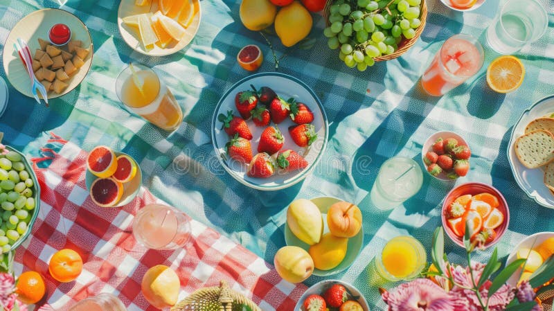 Letnia scena piknik : rodzina korzystająca z różnych przekąsek owoców i napojów na kieszonkowym kocu na wolnym powietrzu zdjęcia stock