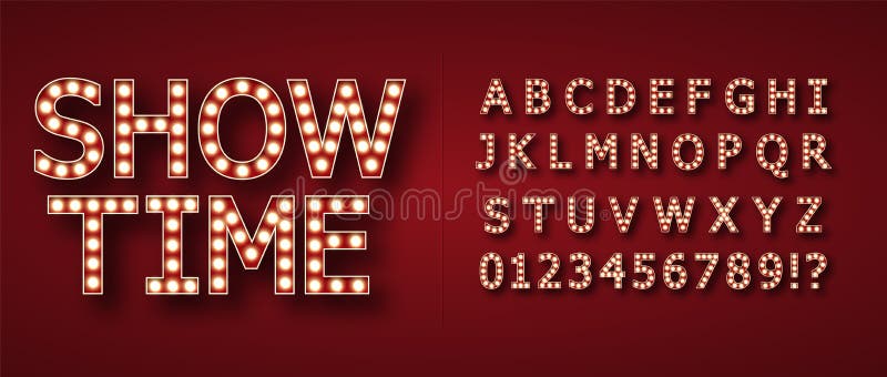 Retro alphabet from Edison lamps. For registration of advertising signs, banners, posters. On red background. Golden lighting. Glitter light. Show time. Volumetric image. Isolated. Retro alphabet from Edison lamps. For registration of advertising signs, banners, posters. On red background. Golden lighting. Glitter light. Show time. Volumetric image. Isolated