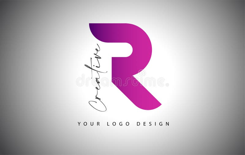 Logotipo criativo da letra R com gradiente roxo e corte criativo na letra ilustração royalty free