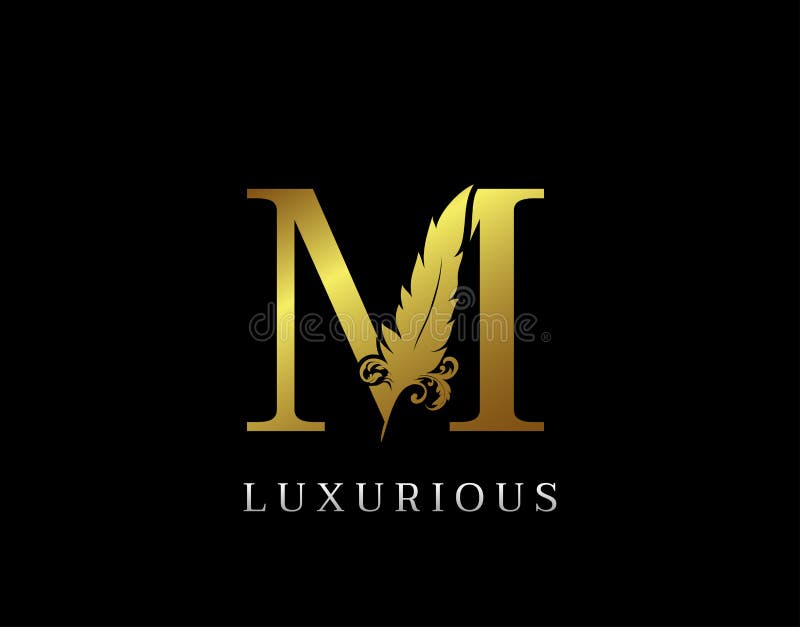 Letra de pluma dorada M Icono de logotipo de marca de lujo, pluma de diseño vectorial con letra para negocios de lujo inicial, fi