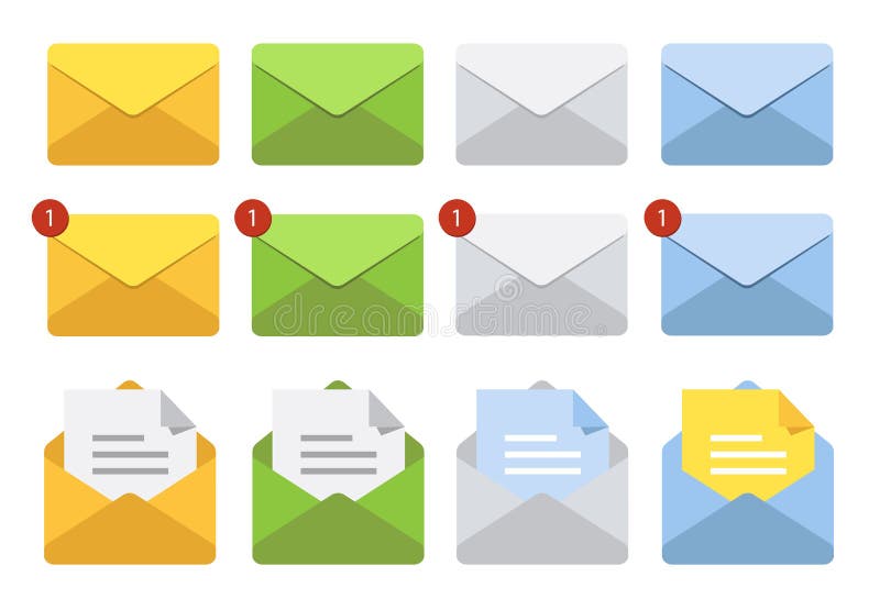 Letra en sobre del correo Conjunto de ilustraciones Iconos de la notificación o del correo electrónico del buzón