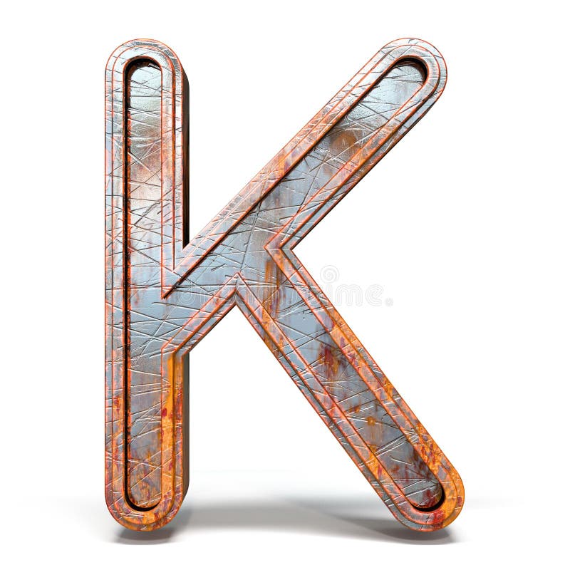 Letra oxidada K 3D da fonte do metal