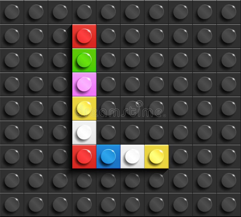 Letras coloridas L del alfabeto de ladrillos del lego del edificio en fondo negro del ladrillo del lego fondo del lego cartas 3D stock de ilustración Letras coloridas L del alfabeto de ladrillos del lego del edificio en fondo negro del ladrillo del lego fondo del lego cartas 3D stock de ilustración