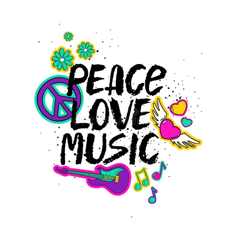 Letras de la música del amor de la paz con las etiquetas engomadas de la historieta libre illustration Letras de la música del amor de la paz con las etiquetas engomadas de la historieta libre illustration