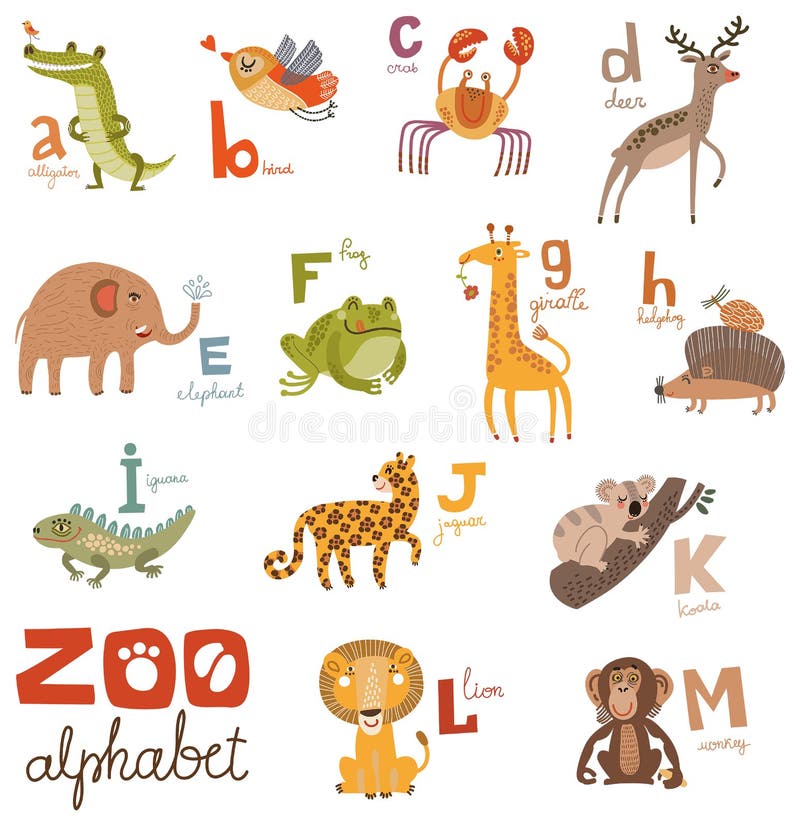 Letras determinadas del alfabeto brillante con los animales lindos ilustración del vector