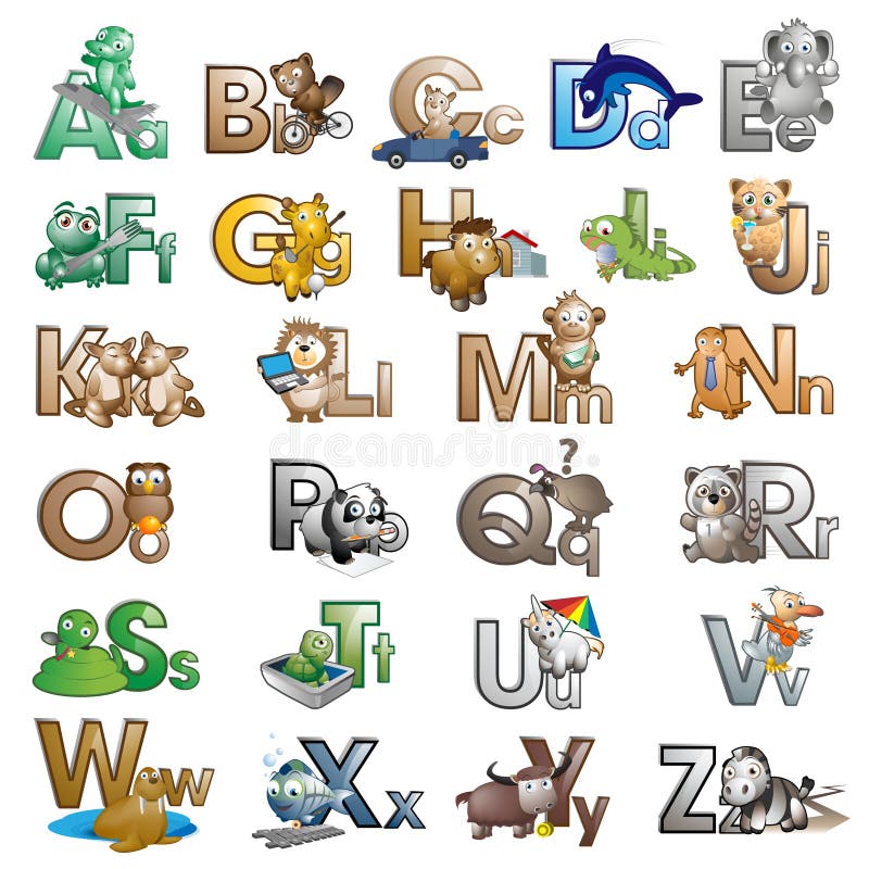Letras do alfabeto com personagens de banda desenhada ilustração royalty free Letras do alfabeto com personagens de banda desenhada ilustração royalty free