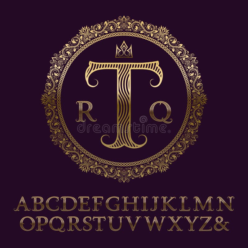 Letras modeladas onduladas del oro con el monograma inicial Fuente elegante