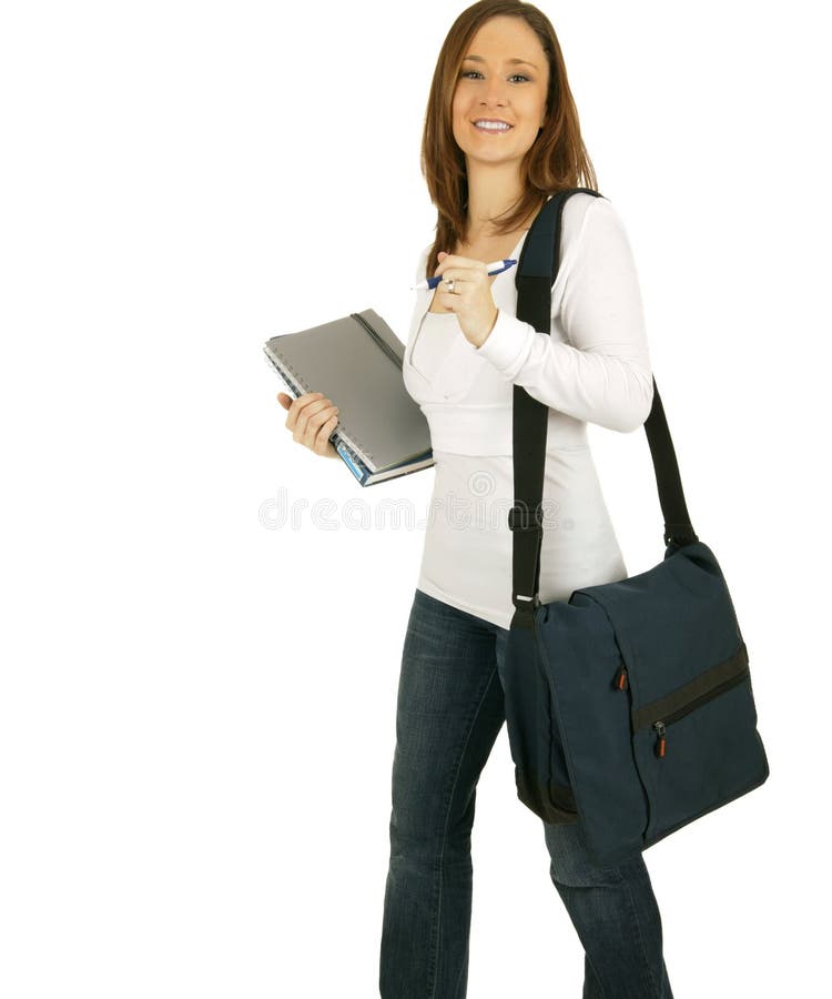 Caucasian girl going back to school carrying books and messenger bag. Caucasian girl going back to school carrying books and messenger bag