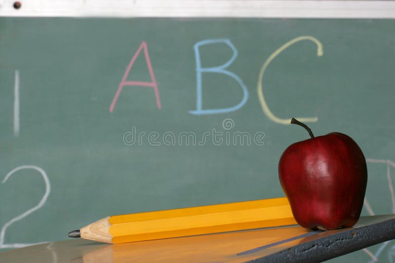 Chalk board pencil and apple on desk. Apple space gray stock images, royalty-free photos and pictures