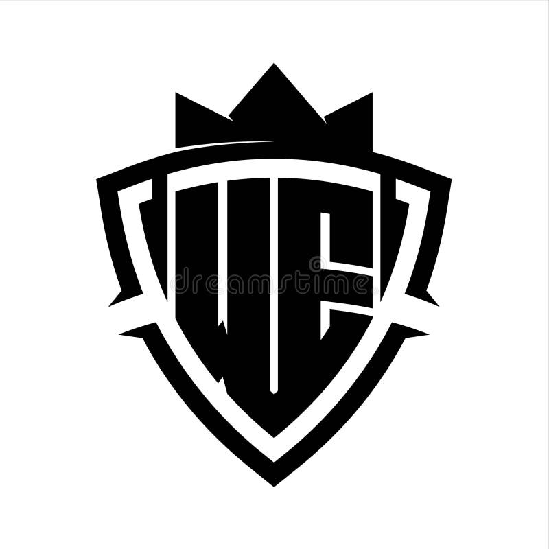 WE Letter bold monogram triangle curve shield shape with crown black and white background color design vector illustration