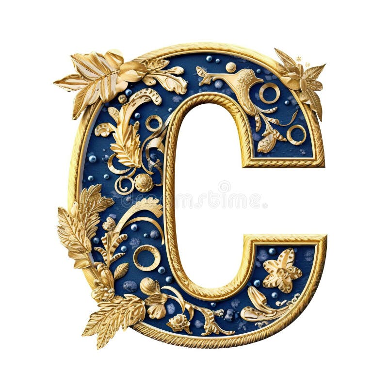 The letter c is decorated with gold and blue flowers. Generative AI image. vector illustration