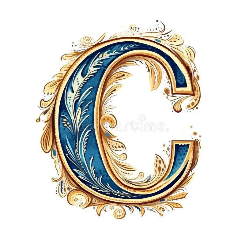 The letter c is decorated in gold and blue. Generative AI image. stock illustration