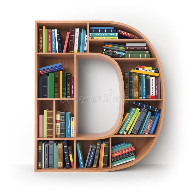Letter D. Alphabet in the form of shelves with books isolated on