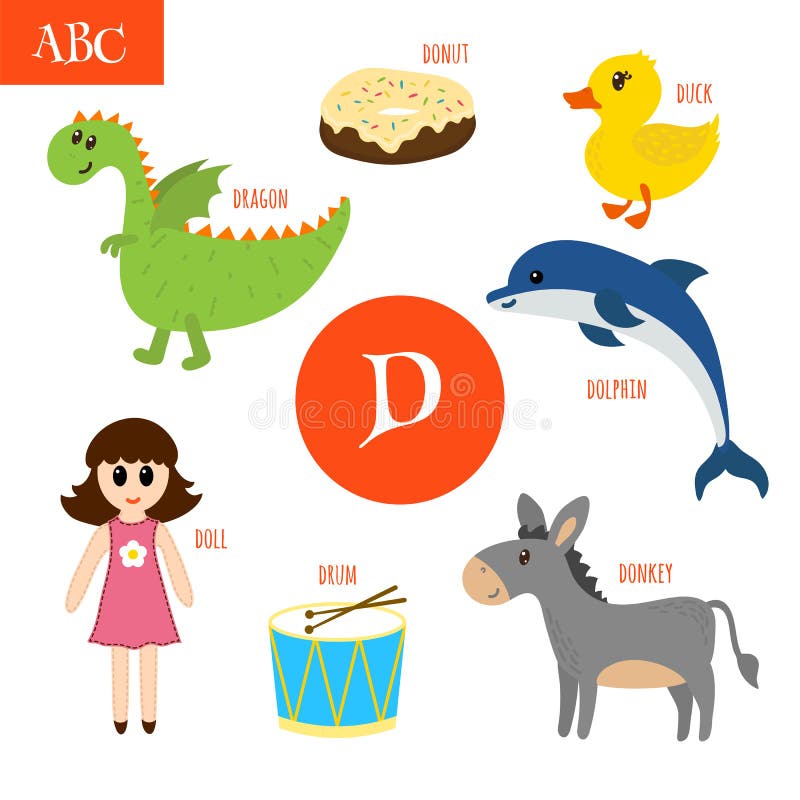 Letter D. Cartoon Alphabet for Children. Duck, Drum, Dolphin, Do Stock ...