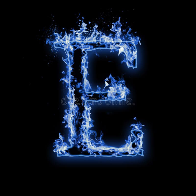 Letter E. Blue fire flames on black
