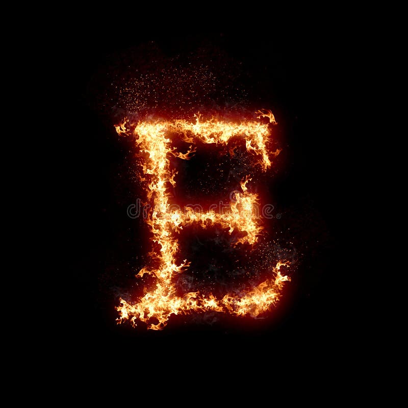 Letter E Burning in Fire, Digital Art Isolated on Black Background, a ...