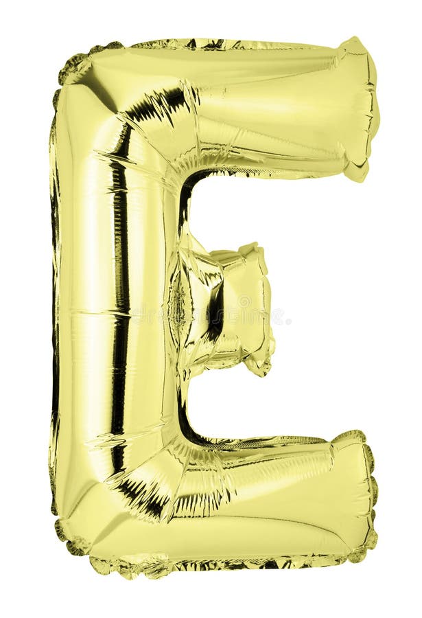 Letter E in gold mylar balloon isolated on white
