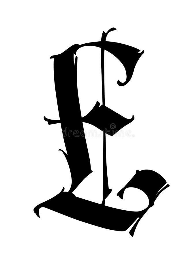 The letter E in the Gothic style. Vector. Old alphabet. The symbol is isolated on a white background. Calligraphic, medieval Latin stock illustration