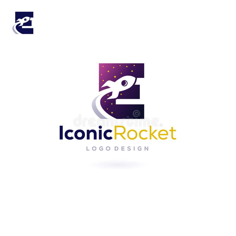 Letter E Rocket Logo Spacecraft fly into space stock illustration