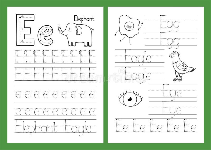 Letter E. Tracing practice worksheet set. Learning alphabet activity page
